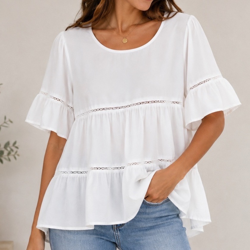 White Boho Tiered Peplum Blouse Ruffle Bell Sleeve Romantic Cottagecore Top